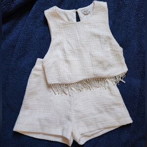 Jason Wu 2pc Shorts Set Cream Boucle Crop Tank Pearl Fringe Trim Shorts